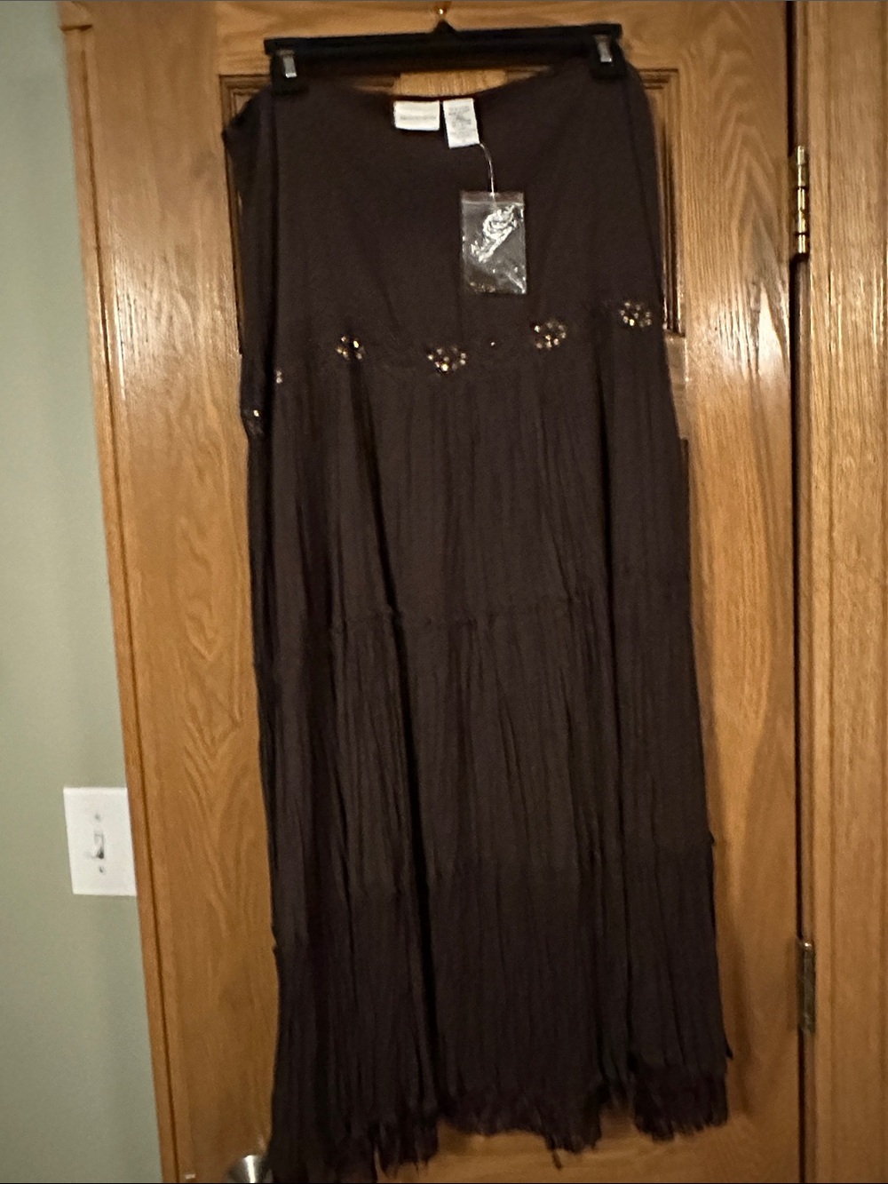 Newport News Chocolate Brown Tiered Skirt with Beaded Embellishment.